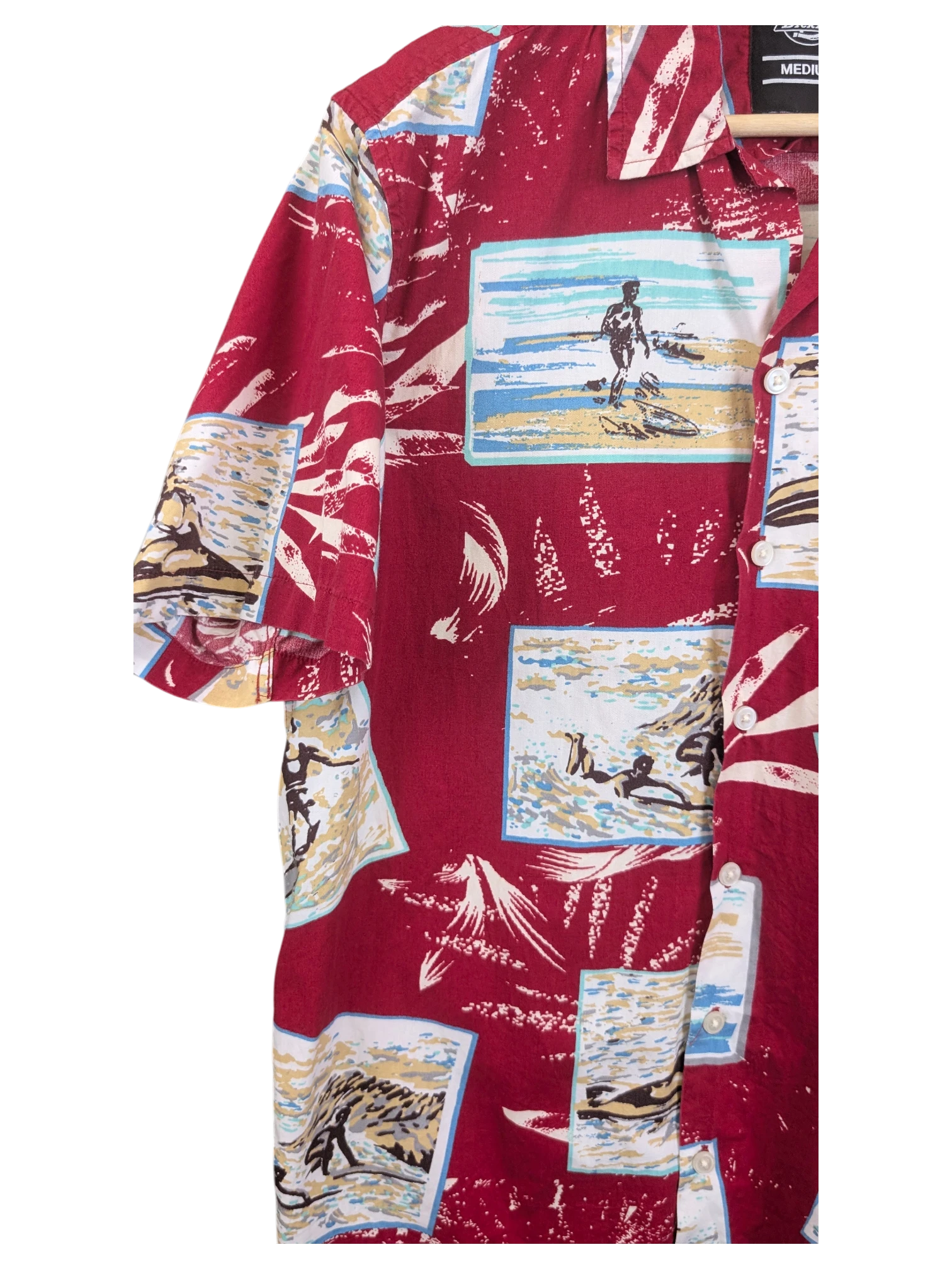 JAKE & IPI red short-sleeve Hawaiian shirt featuring a vintage-style surfing print with beach scenes