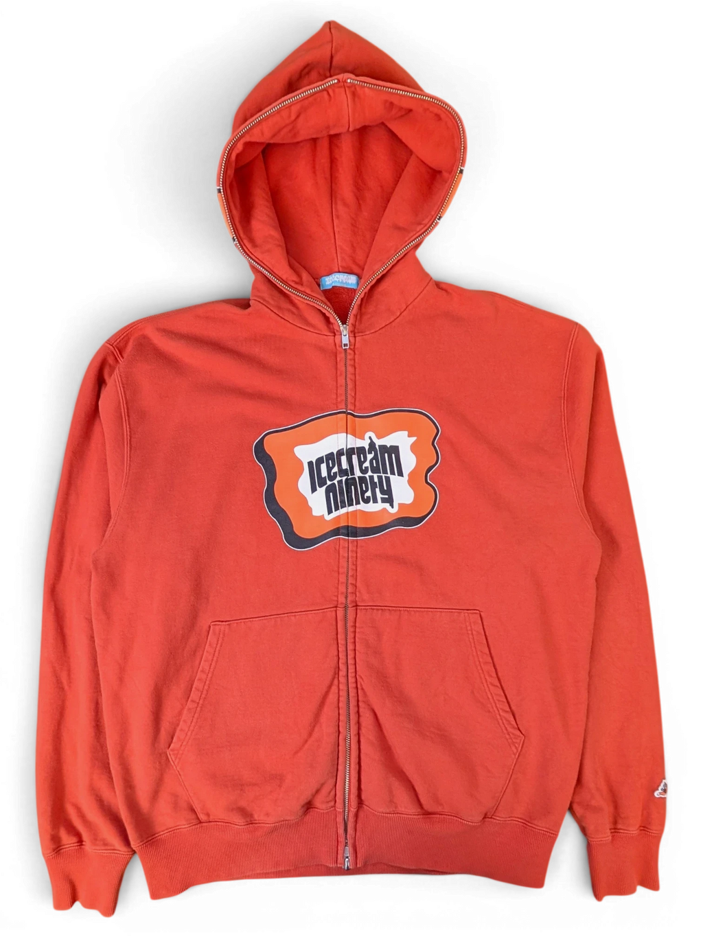 JAKE & IPI red Icecream zip hoodie with a graphic logo on the chest and a full-length front zipper.