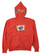 JAKE & IPI red Icecream zip hoodie featuring a graphic logo on the chest and a running dog character on the hood.