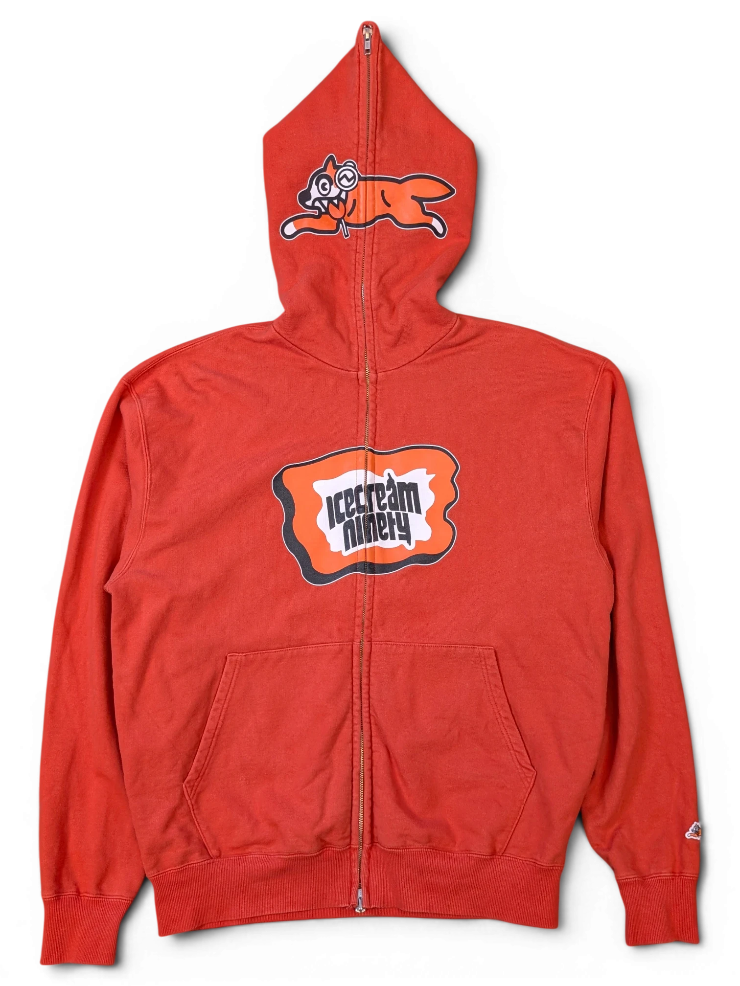 JAKE & IPI red Icecream zip hoodie featuring a graphic logo on the chest and a running dog character on the hood.