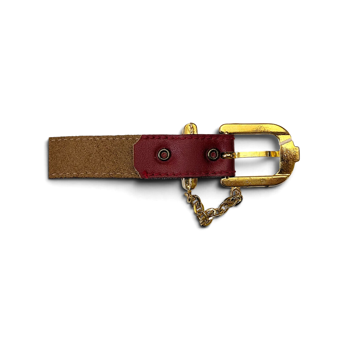 JAKE & IPI red leather belt featuring a polished gold-tone buckle and decorative chain detail