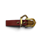 JAKE & IPI red leather belt featuring a polished gold-tone buckle and decorative chain hardware detail.