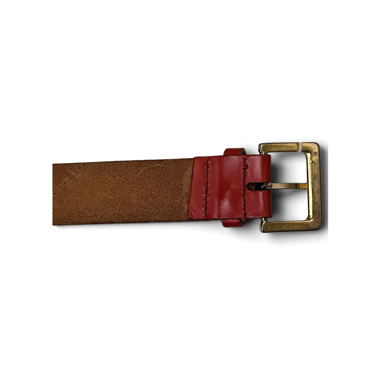 JAKE & IPI red leather belt featuring a gold-tone metal buckle and visible stitching details.