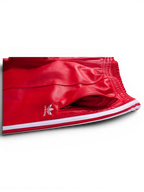 JAKE & IPI Adidas red leather pants with white side stripes and zippered pocket detail