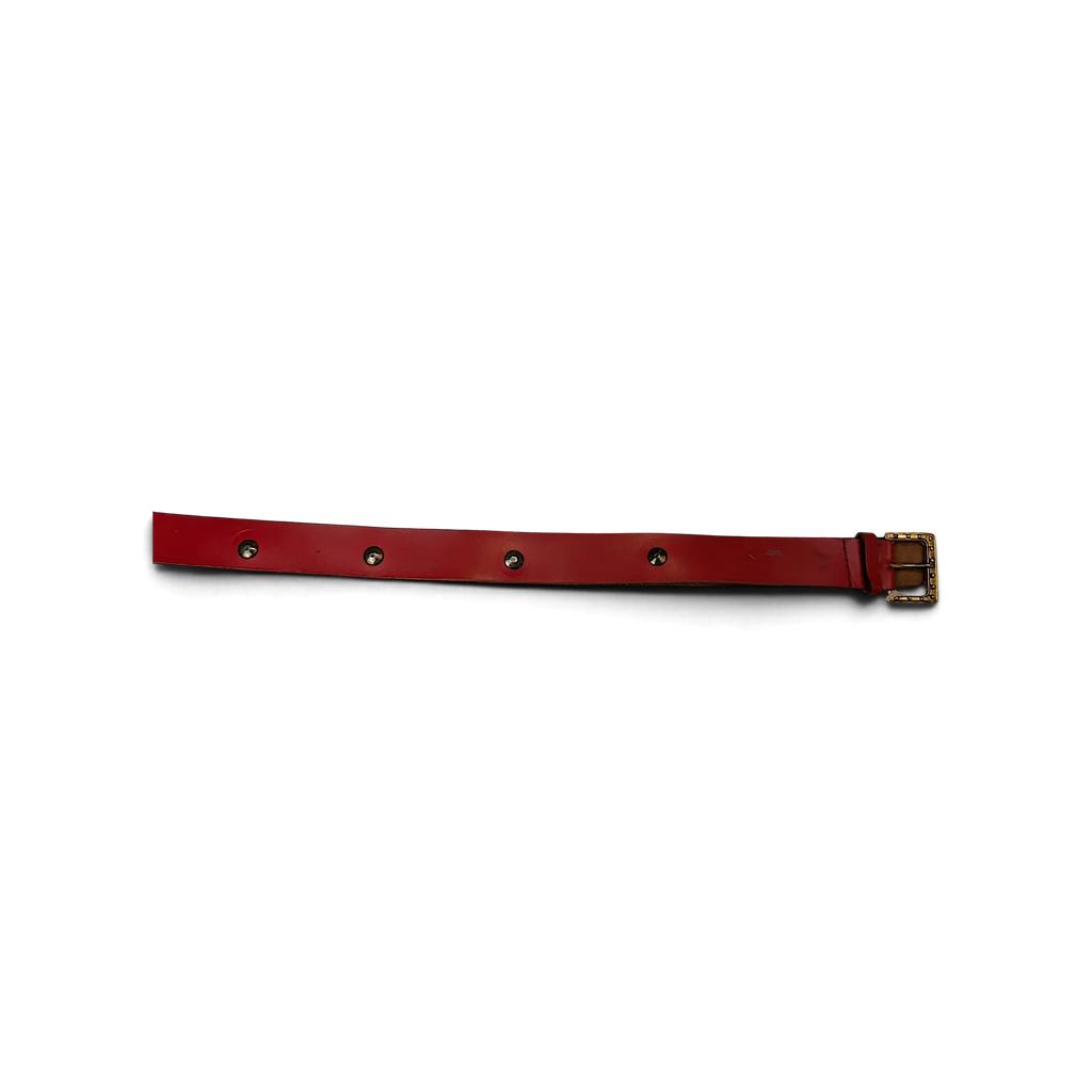 JAKE & IPI red leather belt featuring silver-tone metal studs and a decorative gold-tone buckle