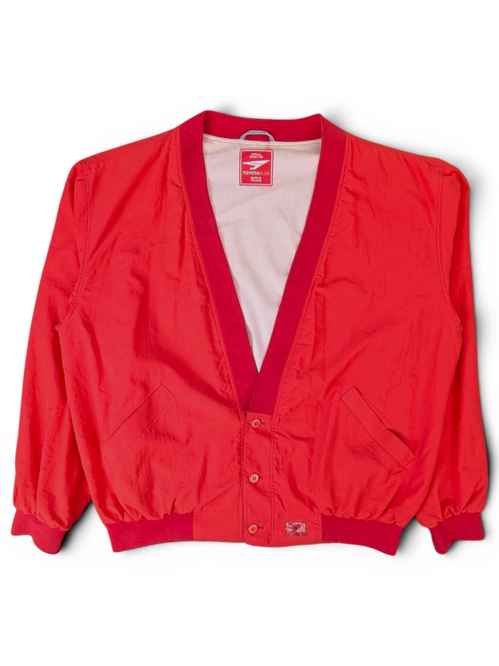 JAKE & IPI vintage red Toyota club button-up windbreaker jacket with a V-neck collar and ribbed cuffs.