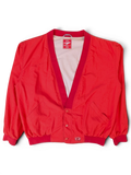 JAKE & IPI vintage red Toyota club button-up windbreaker jacket with a V-neck collar and ribbed cuffs.