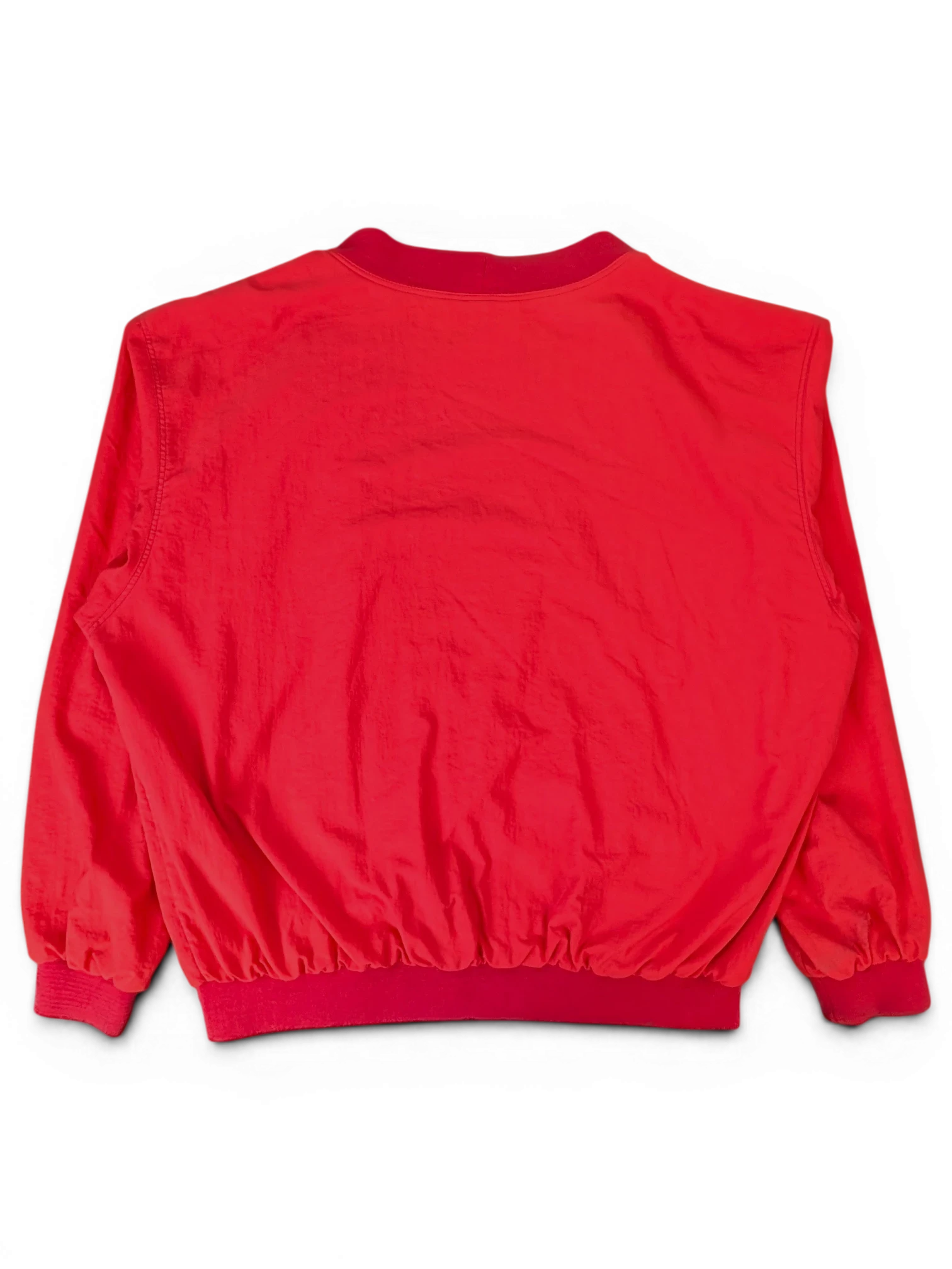Back view of a red JAKE & IPI Toyota club windbreaker jacket with ribbed collar and cuffs.