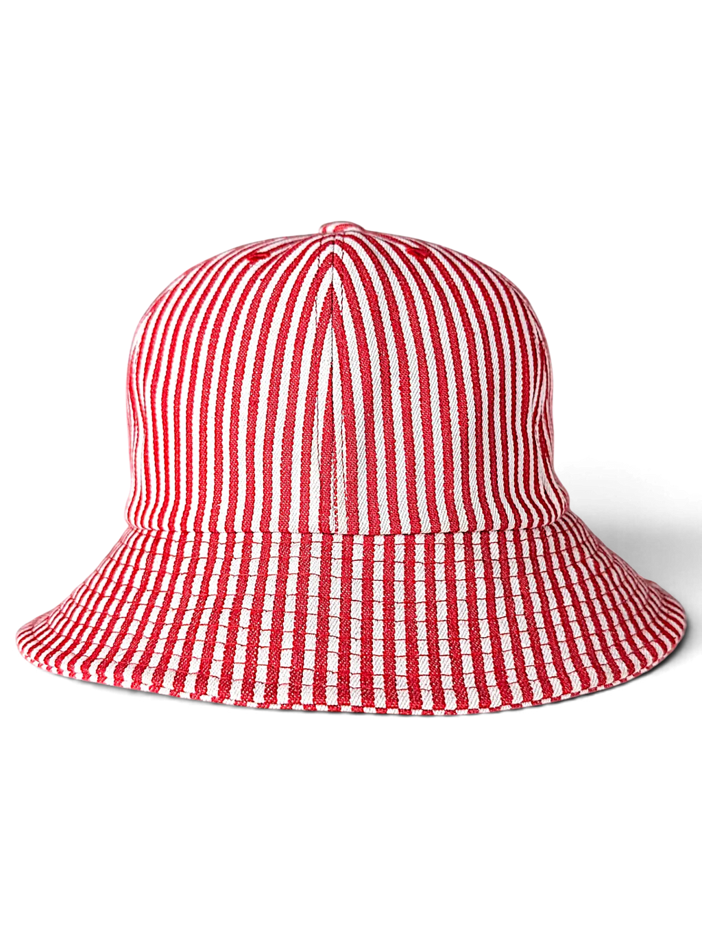 JAKE & IPI IBE Time Is On bucket hat featuring a red and white vertical striped pattern on textured fabric