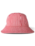 JAKE & IPI red and white vertical striped bucket hat made from durable cotton fabric.
