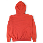 Back view of a plain red JAKE & IPI Icecream zip hoodie with a hood, isolated on a black background.