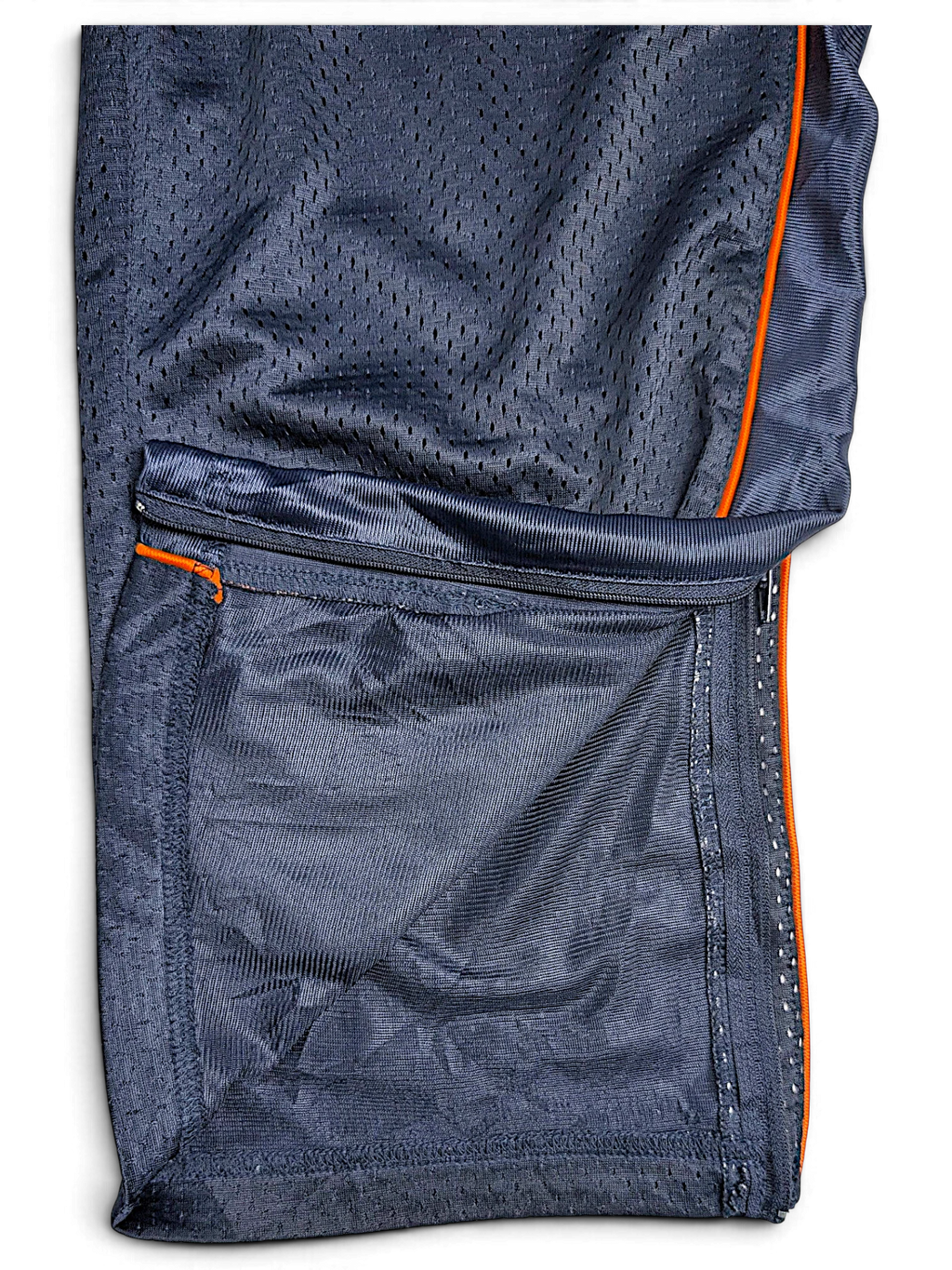 JAKE & IPI pre-owned Reebok Chicago Bears navy blue polyester track pants with orange side piping and zippered cuffs