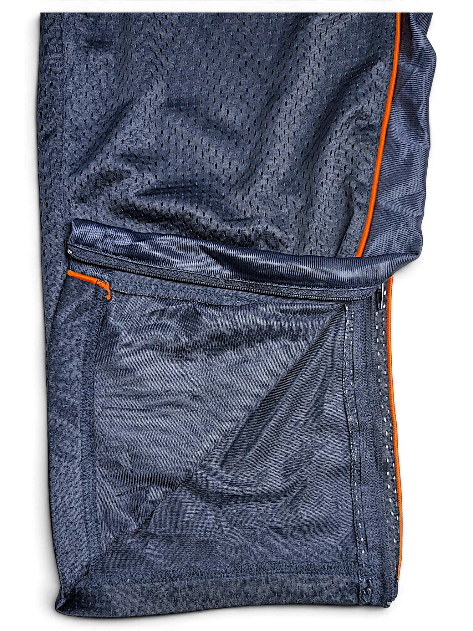 JAKE & IPI pre-owned Reebok Chicago Bears navy blue polyester track pants with orange side piping and zippered cuffs