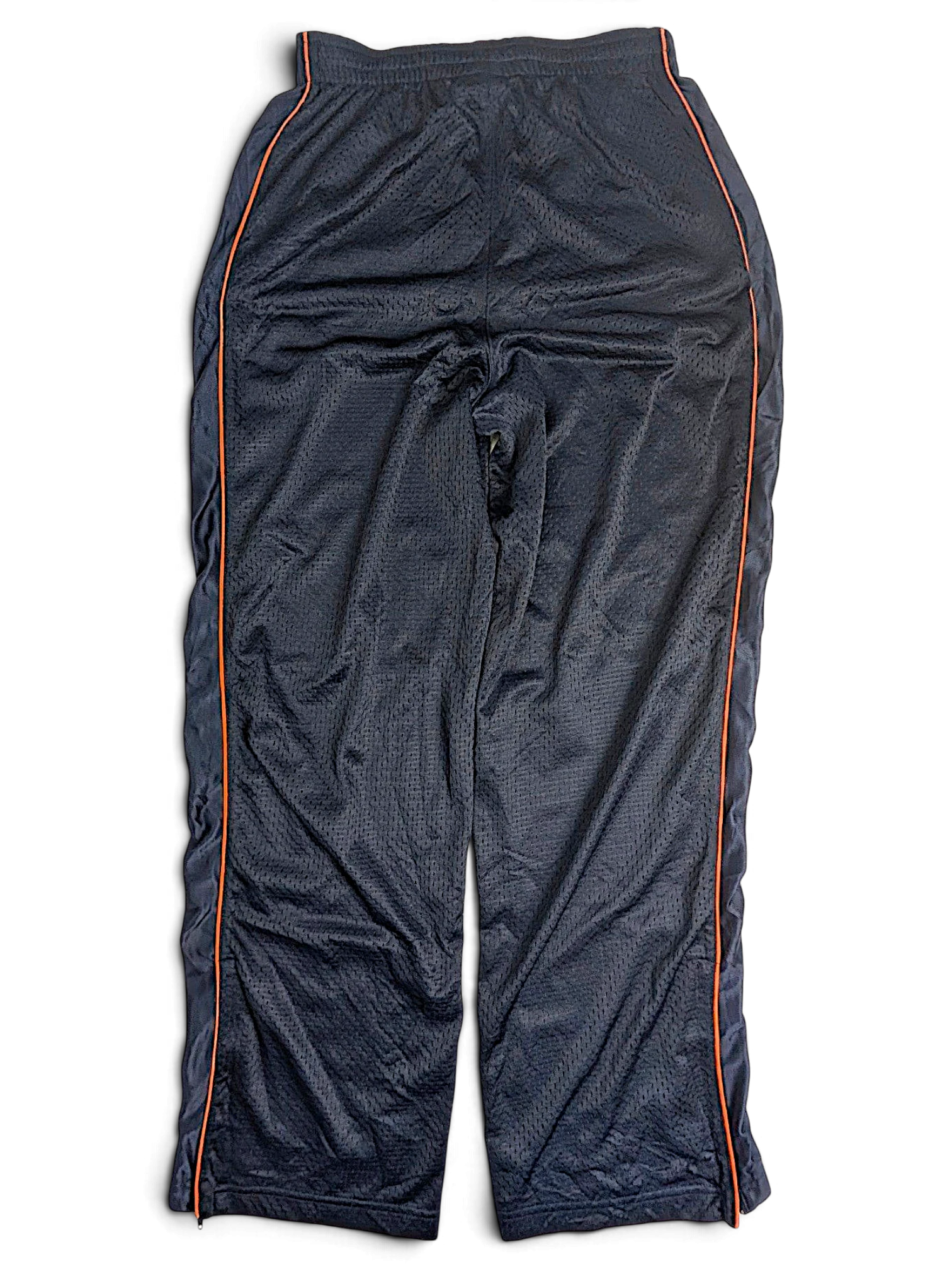 JAKE & IPI navy blue Reebok NFL Chicago Bears youth track pants with orange side piping and polyester mesh fabric.