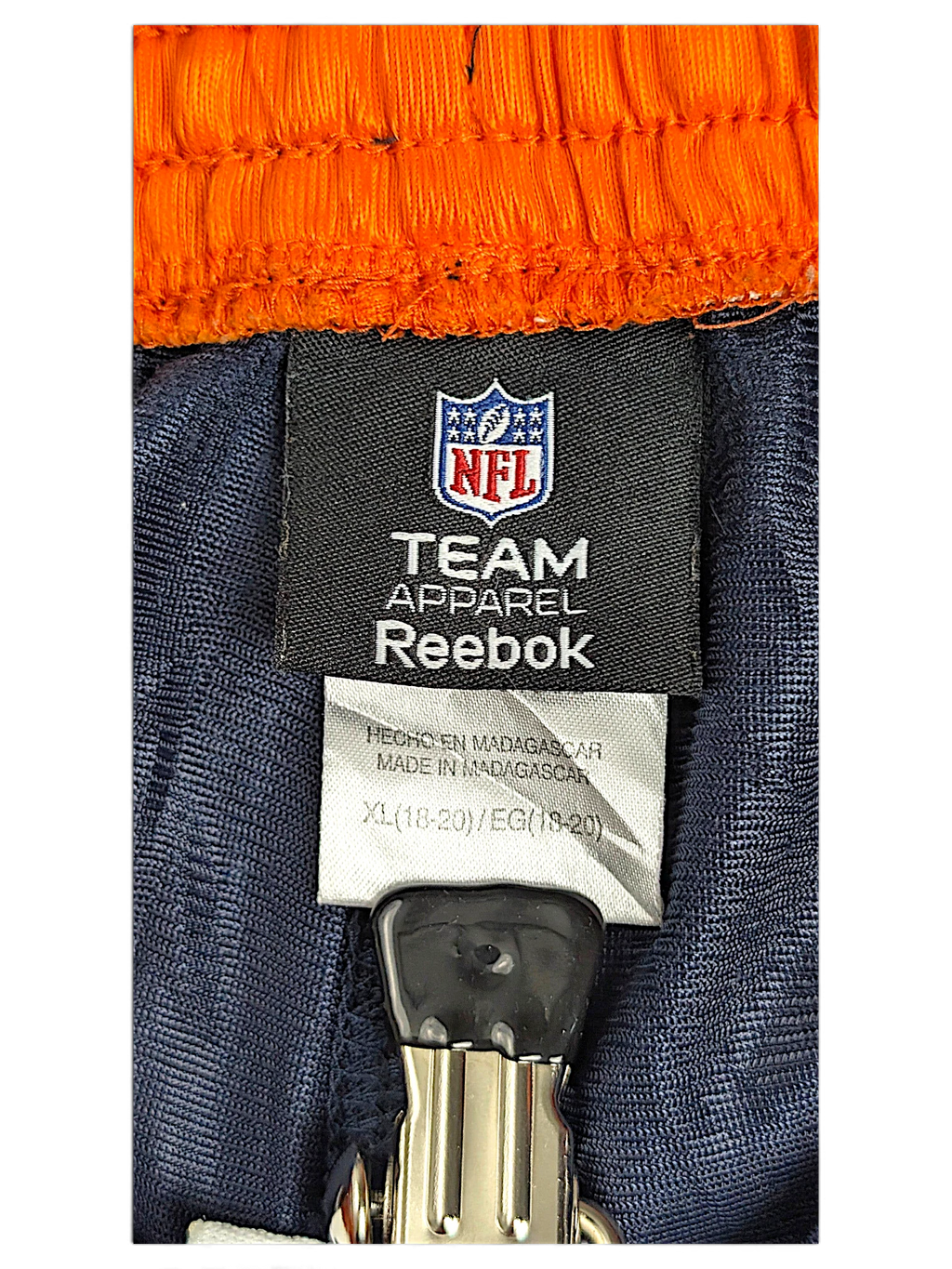 JAKE & IPI Reebok NFL Chicago Bears navy track pants label showing size XL and team apparel branding