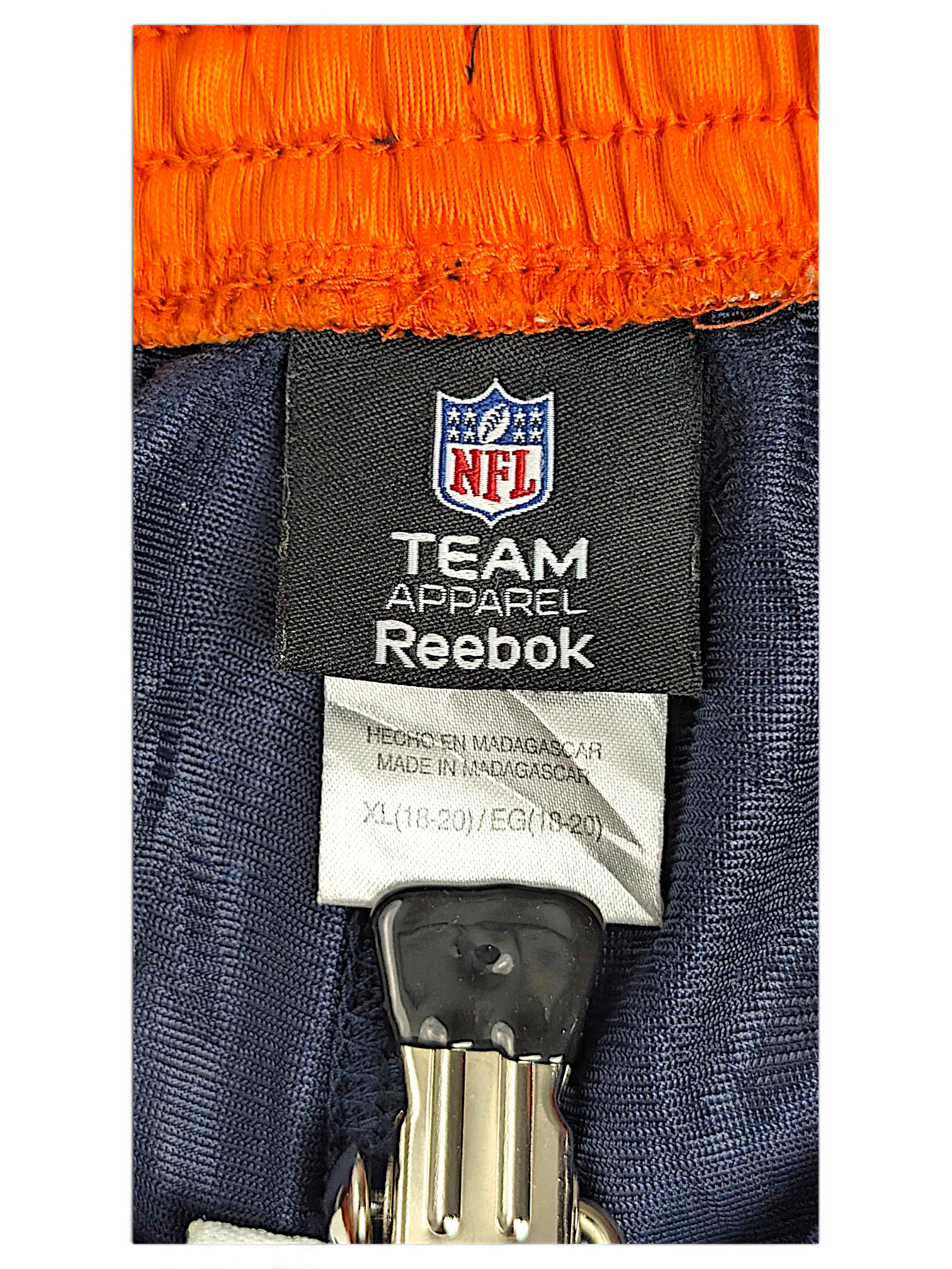 JAKE & IPI Reebok NFL Chicago Bears navy track pants label showing size XL and team apparel branding