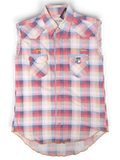 JAKE & IPI pre-owned Replay sleeveless plaid western shirt in red, beige, and blue with snap buttons and raw armholes.