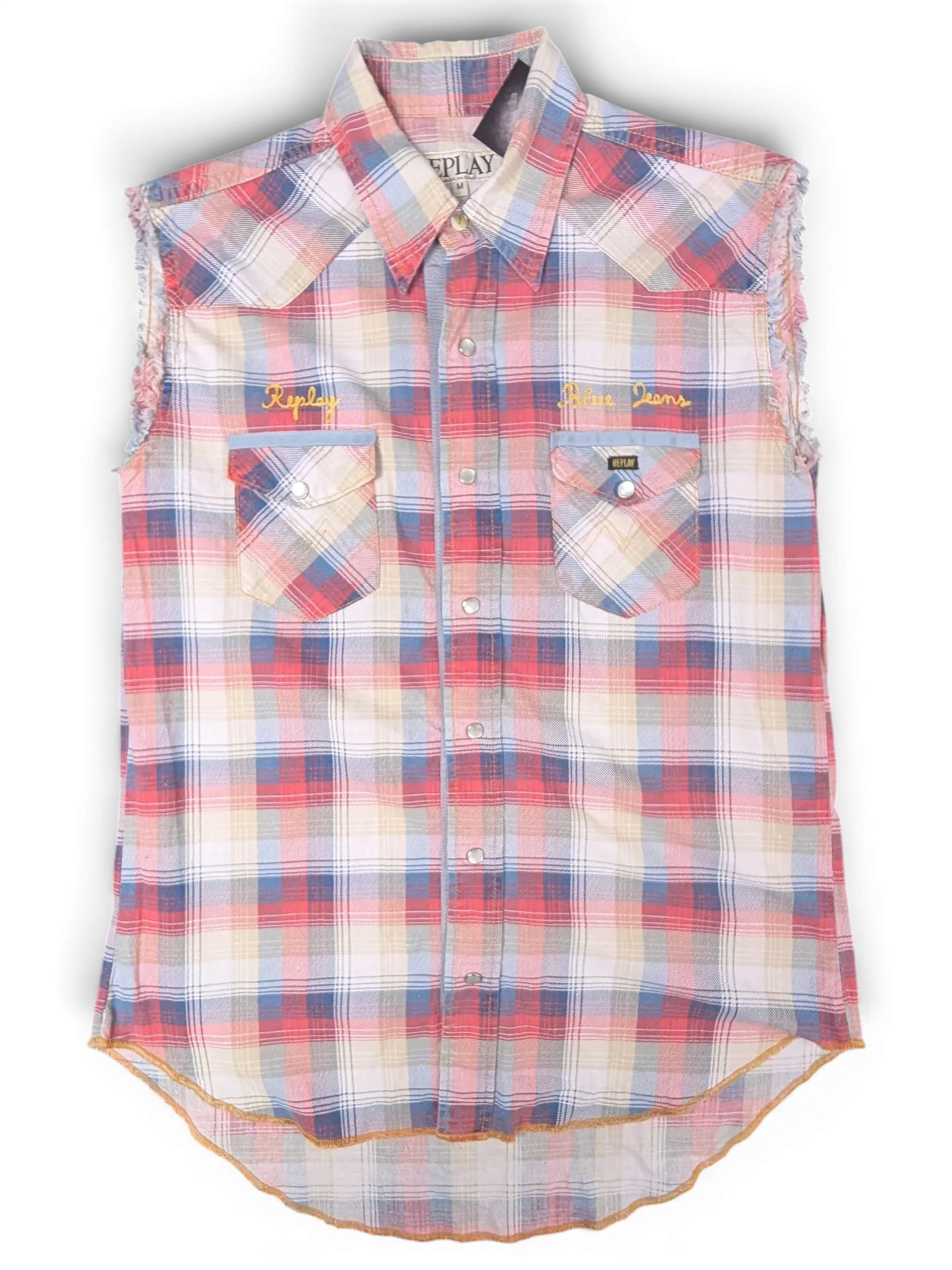 JAKE & IPI pre-owned Replay sleeveless plaid western shirt in red, beige, and blue with snap buttons and raw armholes.