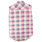 Back view of a JAKE & IPI pre-owned Replay sleeveless plaid western shirt in red, beige, and blue with raw armholes.