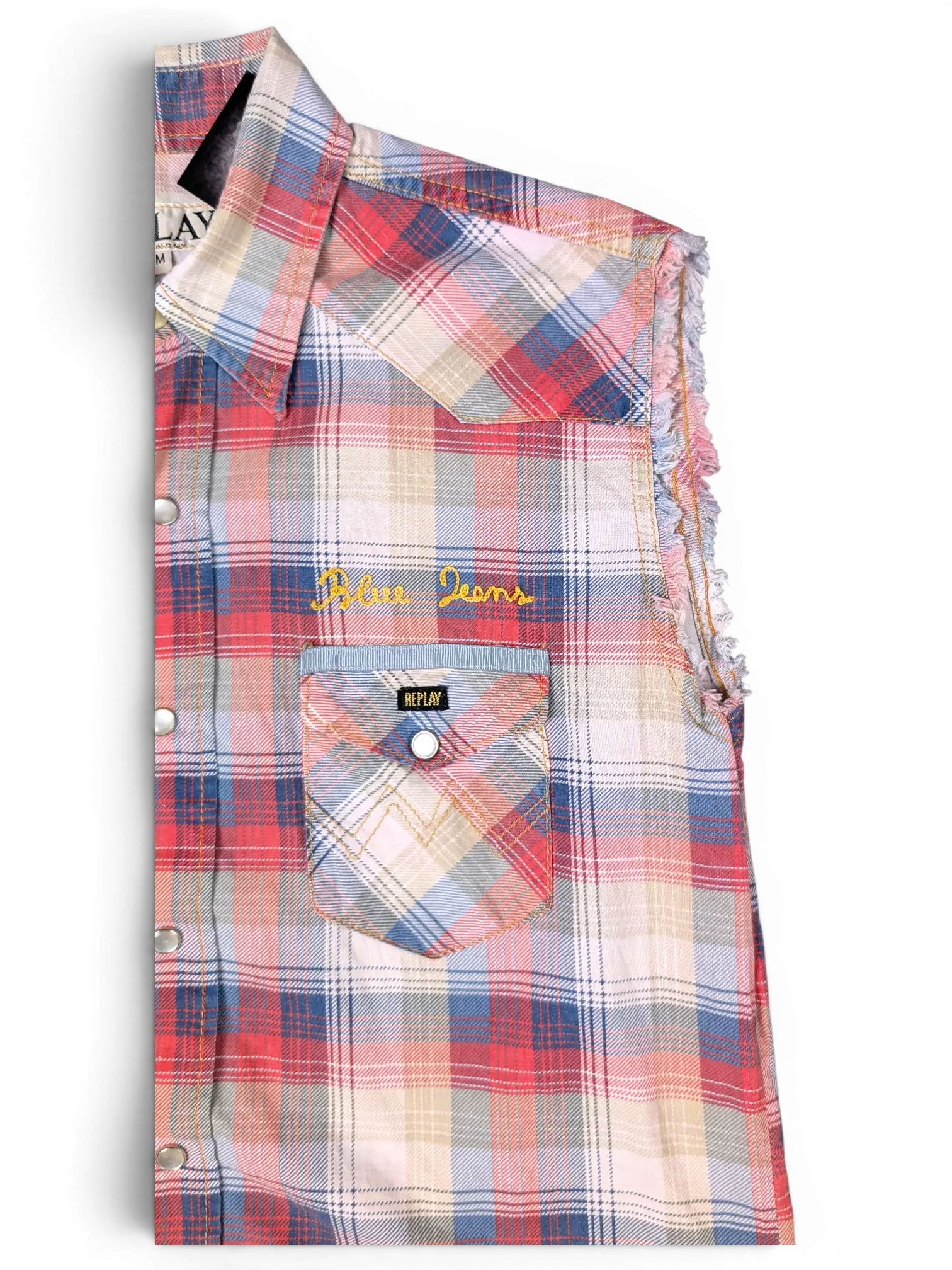 JAKE & IPI pre-owned Replay sleeveless plaid western shirt in red, beige, and blue with raw-cut armholes and embroidery