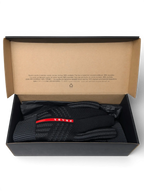 JAKE & IPI Reusch for Prada black knit gloves with red logo detail inside a recycled cardboard gift box.
