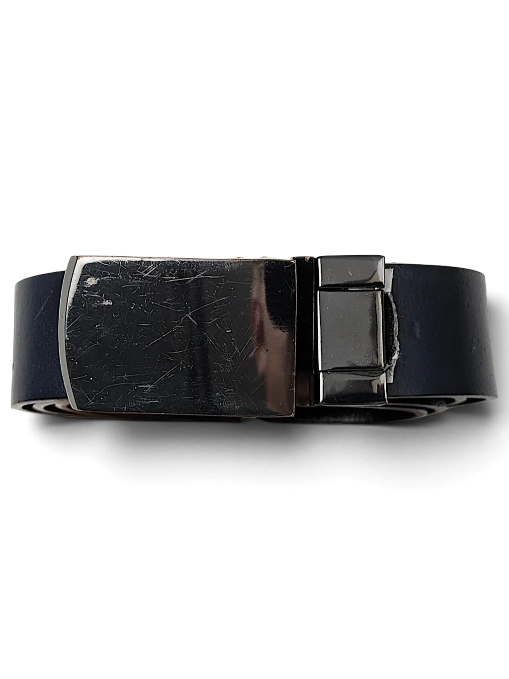 JAKE & IPI reversible belt with a black and blue leather strap and a polished silver metal buckle