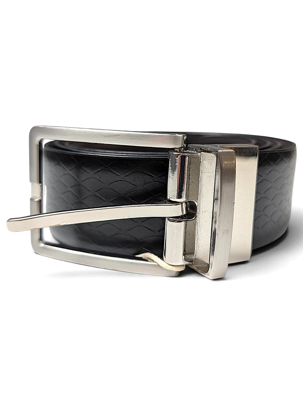 JAKE & IPI reversible black and purple textured leather belt with a silver rectangular buckle
