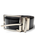 JAKE & IPI reversible black and purple textured leather belt with a silver rectangular buckle