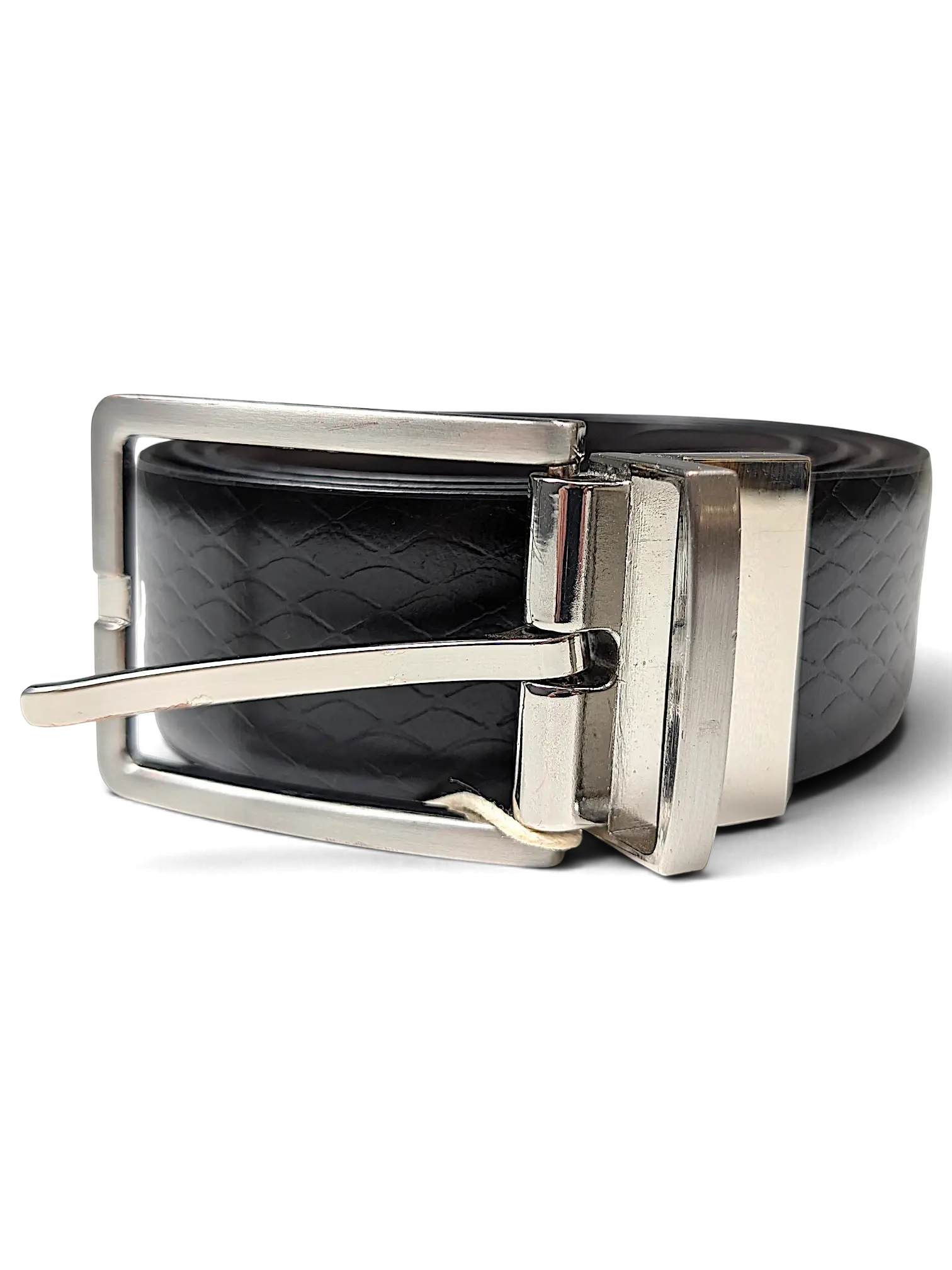 JAKE & IPI reversible black and purple textured leather belt with a silver rectangular buckle