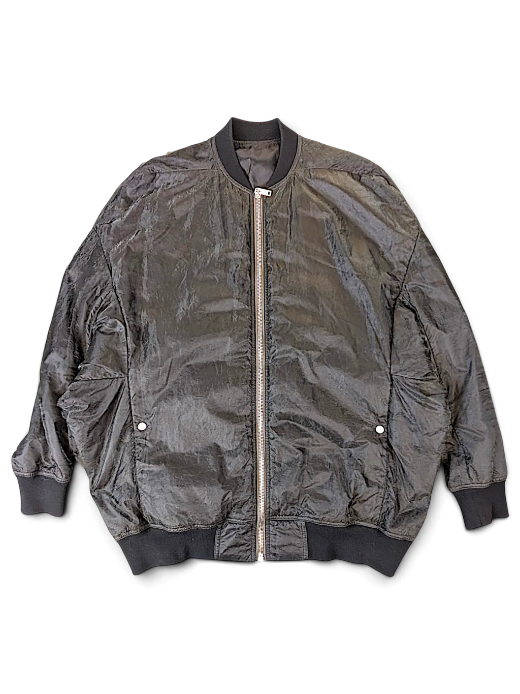 JAKE & IPI Rick Owens bomber jacket in black with a crinkled texture, silver front zipper, and ribbed trim.