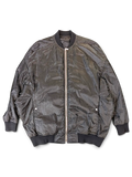 JAKE & IPI Rick Owens bomber jacket in black with a crinkled texture, silver front zipper, and ribbed trim.