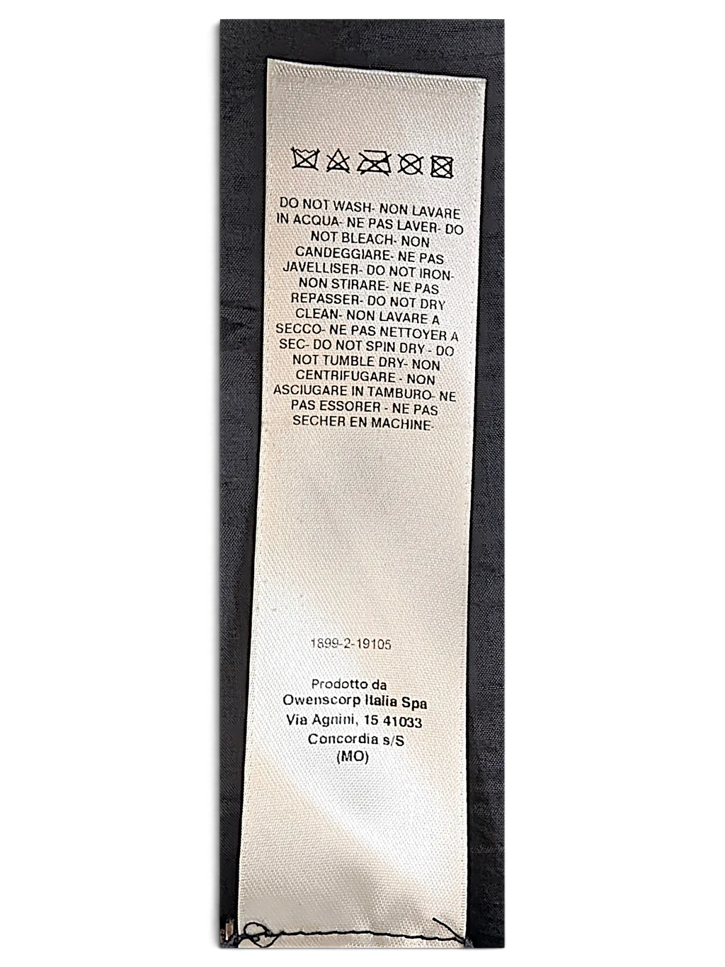 JAKE & IPI Rick Owens bomber jacket care label with washing instructions and manufacturer details