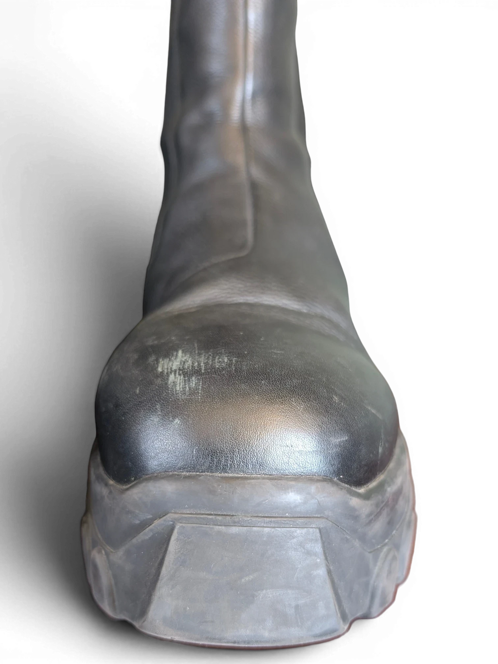 JAKE & IPI Rick Owens Beatle Bozo Tractor boots in metallic black leather with a chunky oversized lug sole