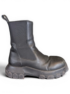 JAKE & IPI Rick Owens Beatle Bozo Tractor boots in metallic black leather with an oversized lug sole and elastic side.
