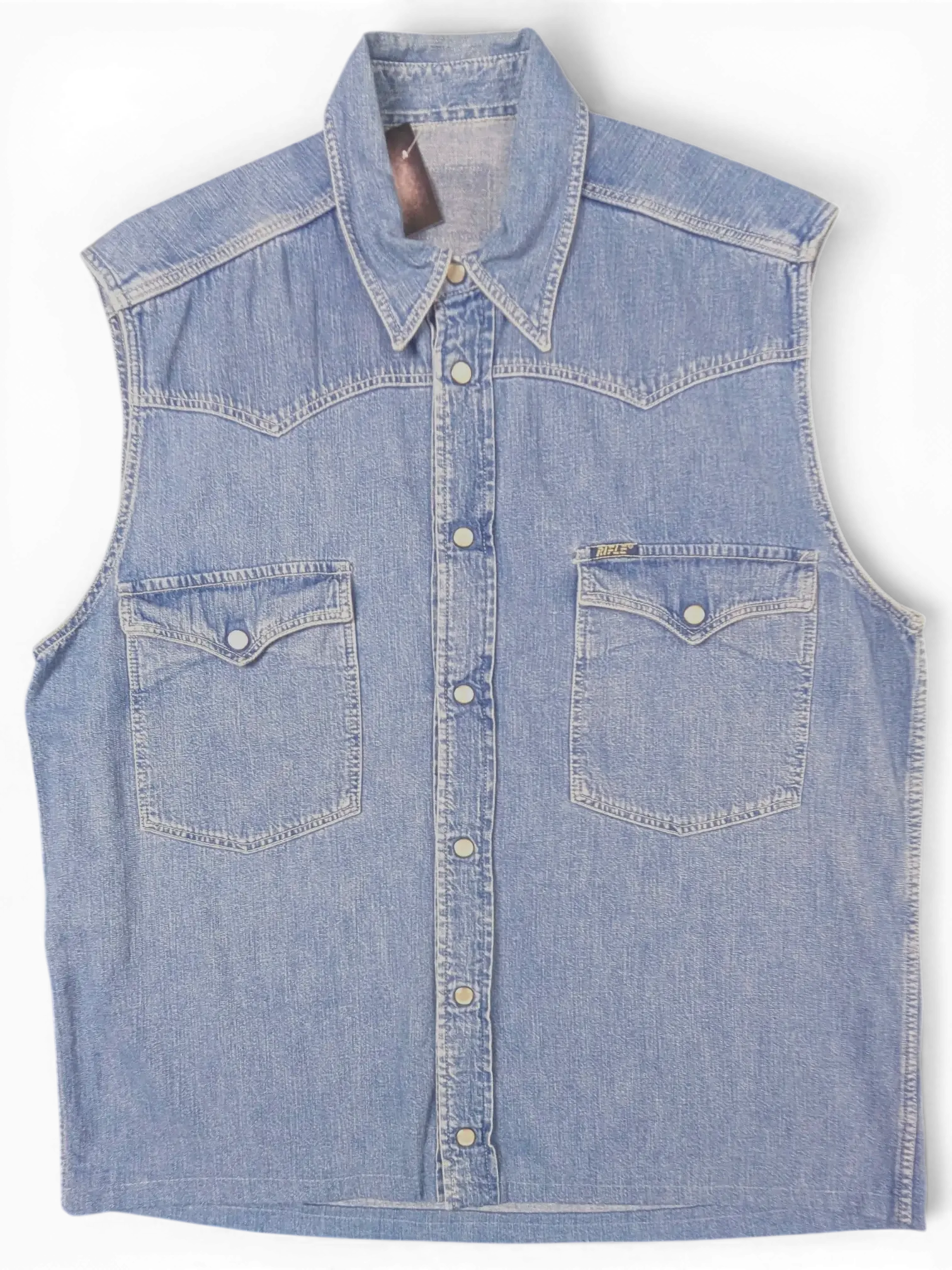 JAKE & IPI pre-owned Rifle blue denim sleeveless western shirt with snap buttons and two chest pockets