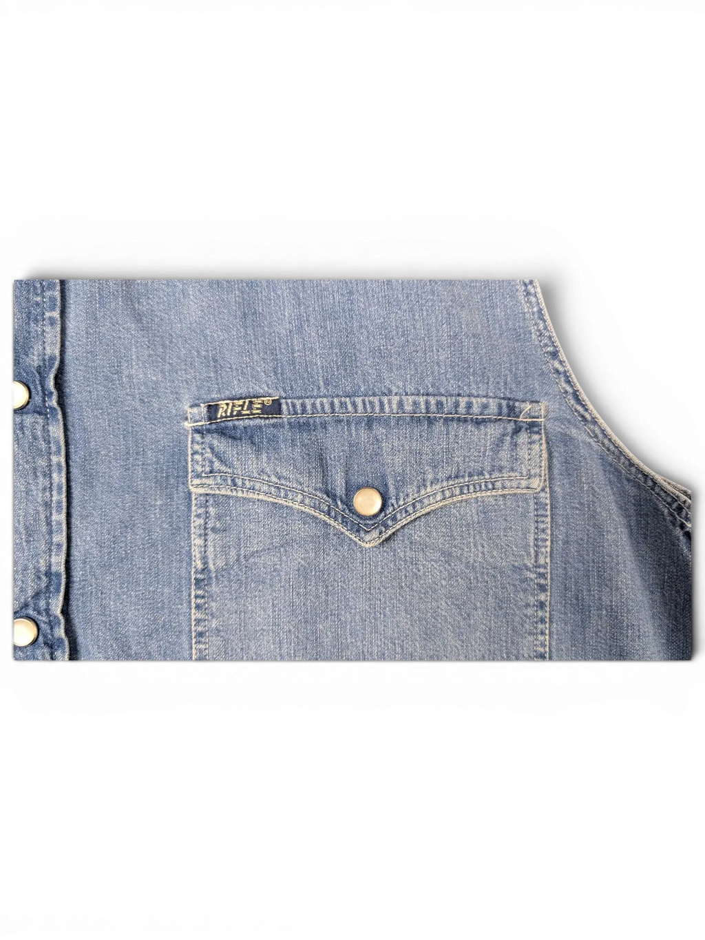 JAKE & IPI pre-owned Rifle blue denim sleeveless western shirt with snap button chest pocket and branded label