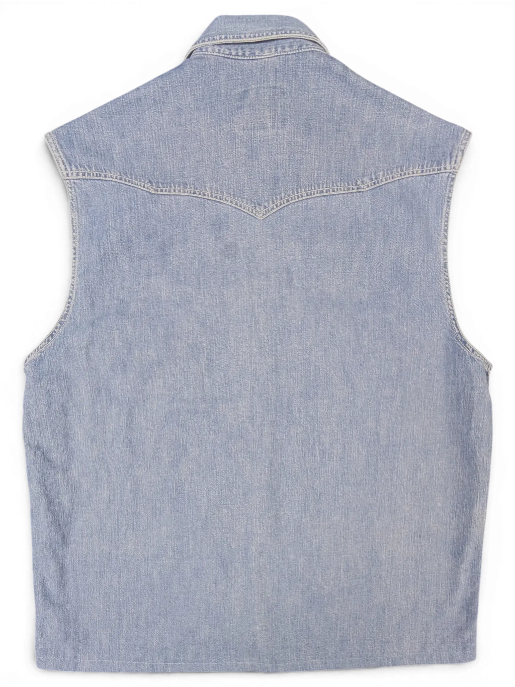 JAKE & IPI Rifle sleeveless blue denim western shirt, back view showing pointed yoke detail.