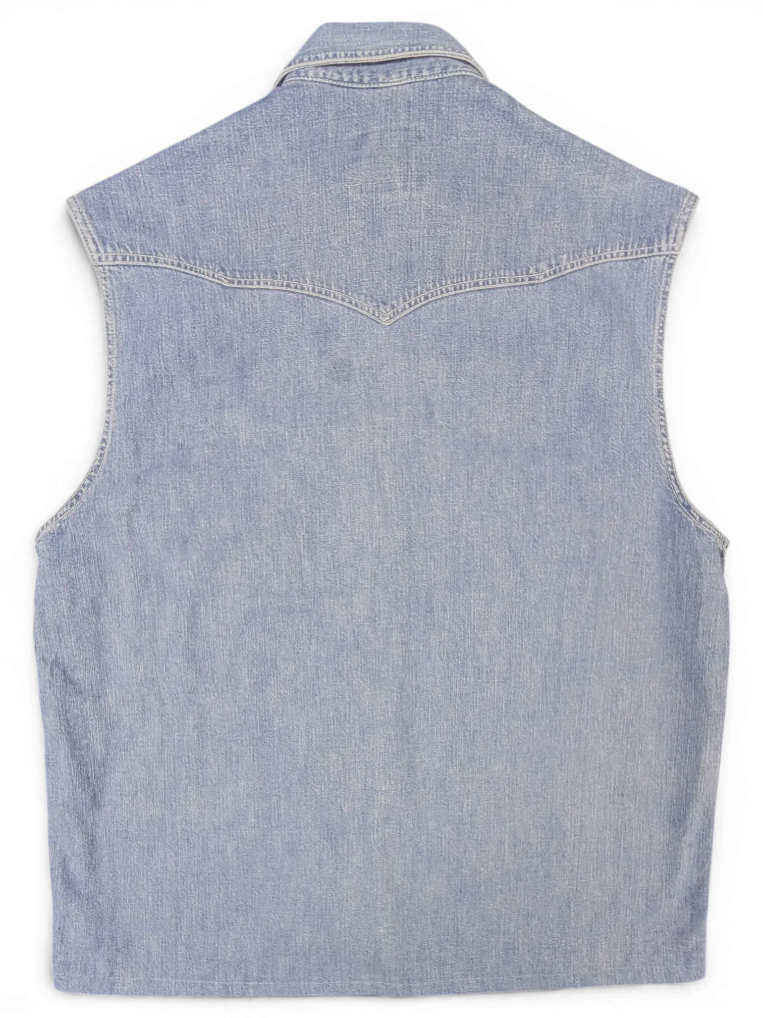 JAKE & IPI Rifle sleeveless blue denim western shirt, back view showing pointed yoke detail.