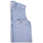 JAKE & IPI pre-owned blue denim sleeveless western shirt with snap buttons, pointed yokes, and chest pocket.