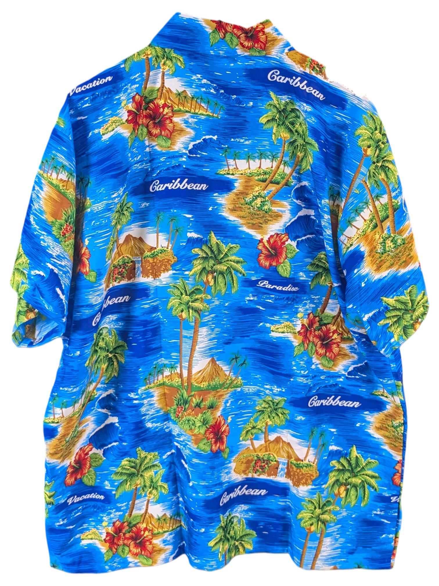 JAKE & IPI Rima Hawaiian shirt featuring a vibrant blue Caribbean tropical island print with palm trees and flowers.