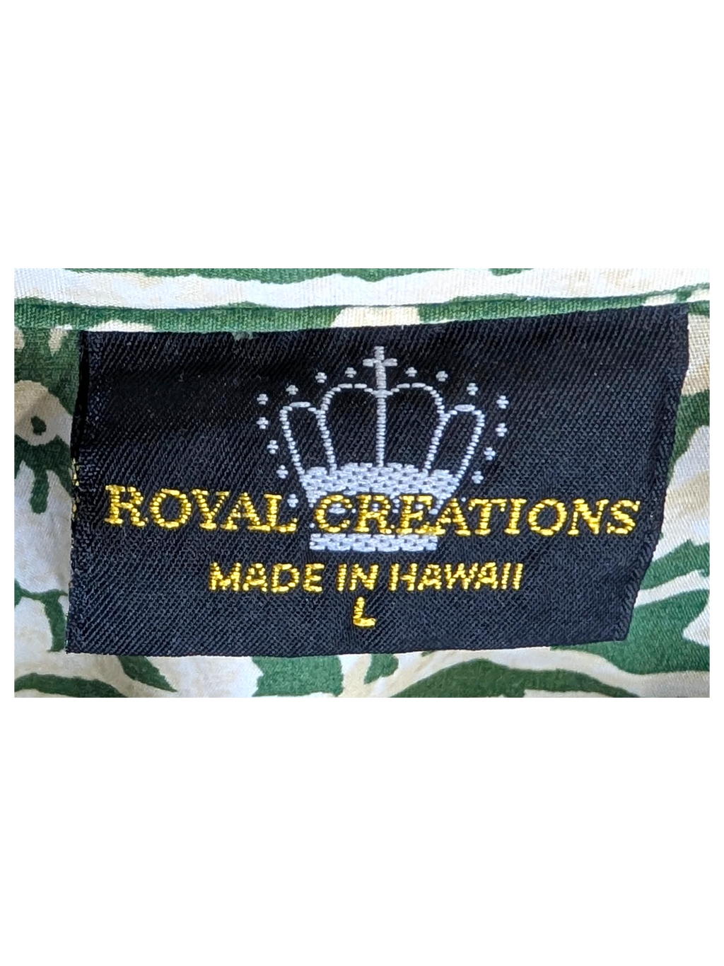 JAKE & IPI vintage Royal Creations Hawaiian shirt label in green and white tropical print