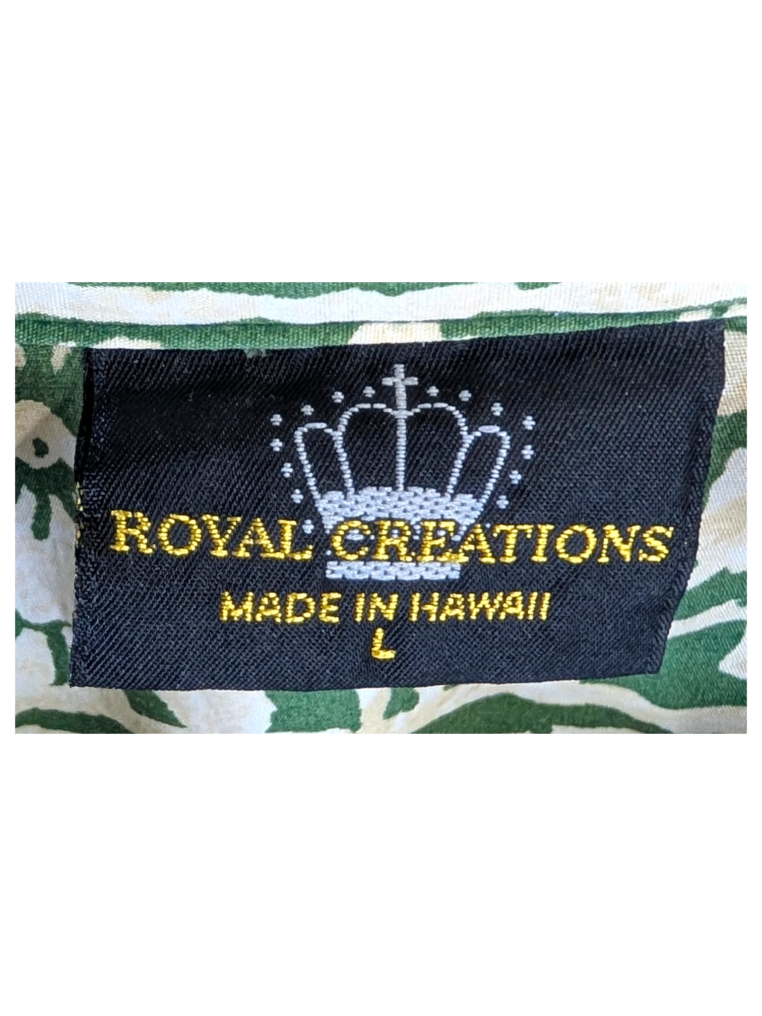 JAKE & IPI vintage Royal Creations Hawaiian shirt label in green and white tropical print