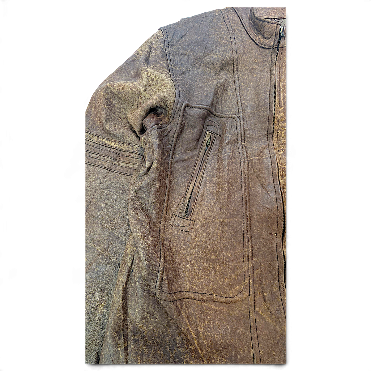 Dormeuil England Brown Leather Multi-Pocket Biker Jacket – Size Unmarked – detail view 4.