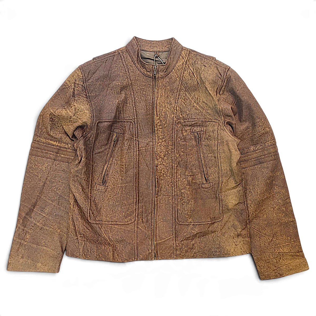 Dormeuil England Brown Leather Multi-Pocket Biker Jacket – Size Unmarked – front view.