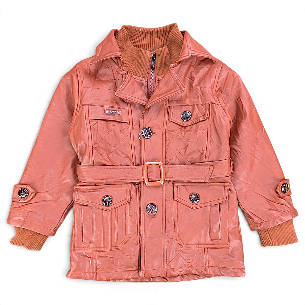 Bo Shi Wang Brown Faux Leather Kids' Belted Coat – XL / 18 – front view.