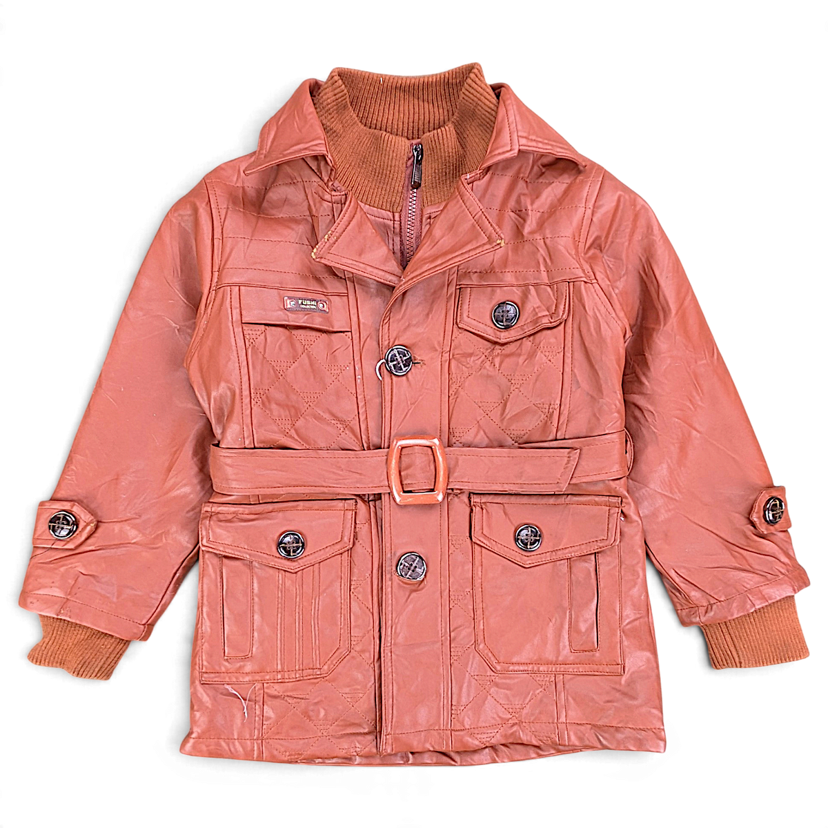 Bo Shi Wang Brown Faux Leather Kids' Belted Coat – XL / 18 – front view.
