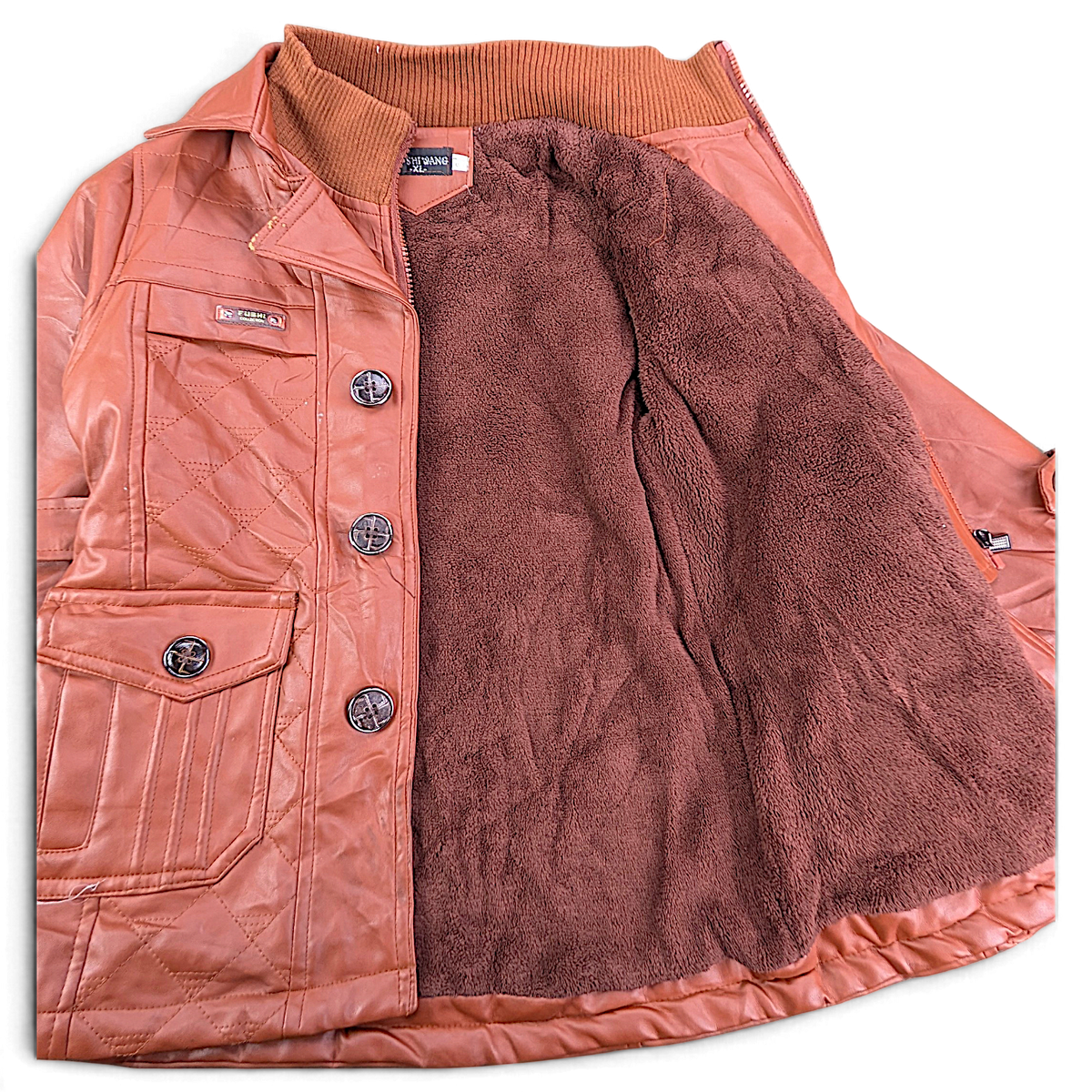Bo Shi Wang Brown Faux Leather Kids' Belted Coat – XL / 18 – warm faux-fur-style lining.