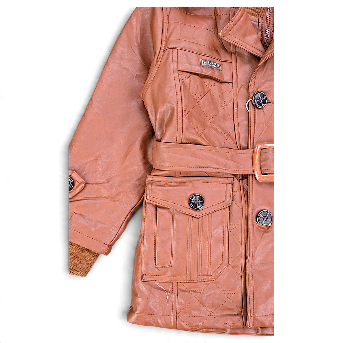 Bo Shi Wang Brown Faux Leather Kids' Belted Coat – XL / 18 – side and front detail.