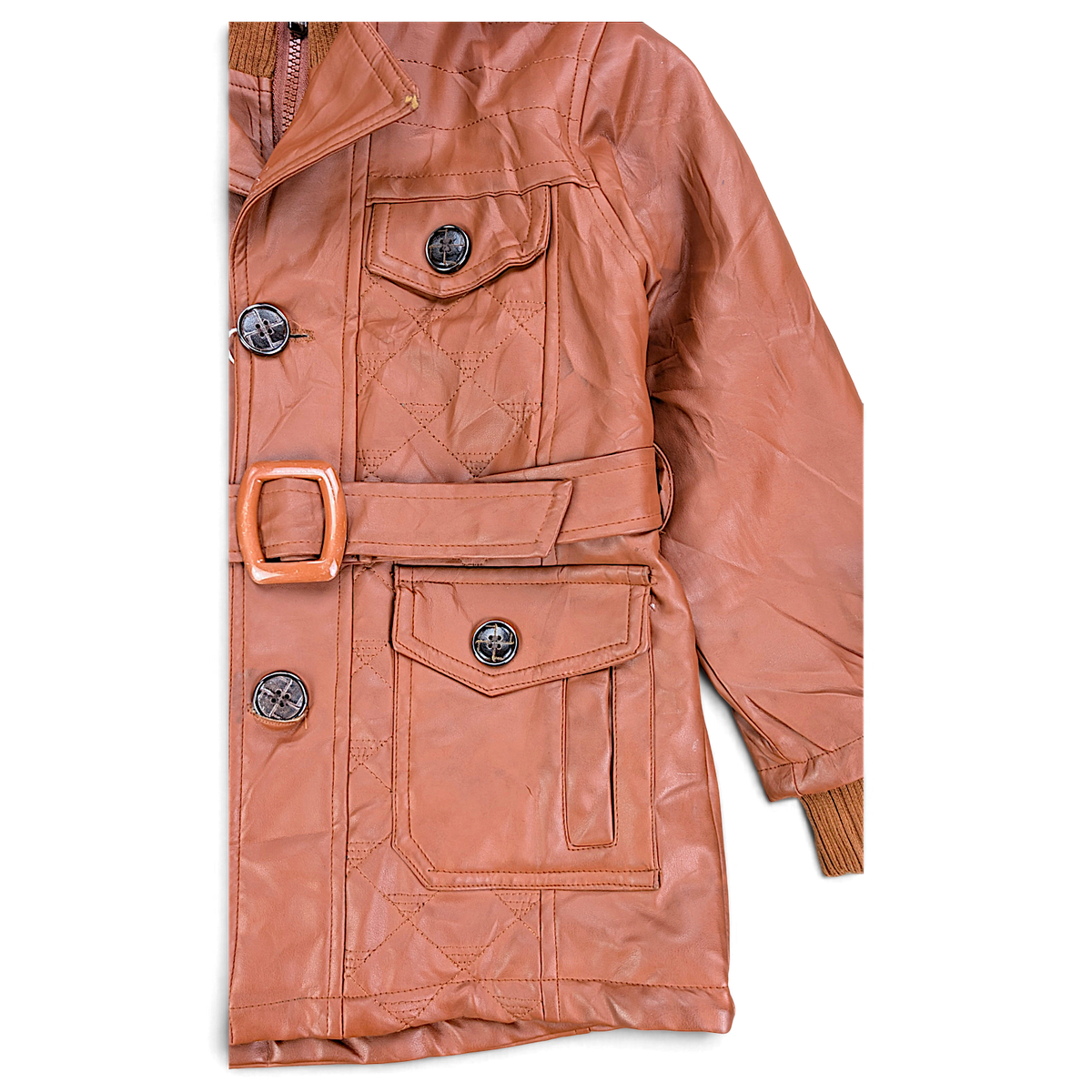 Bo Shi Wang Brown Faux Leather Kids' Belted Coat – XL / 18 – sleeve and belt.