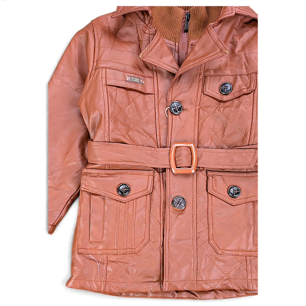 Bo Shi Wang Brown Faux Leather Kids' Belted Coat – XL / 18 – front pockets and belt.